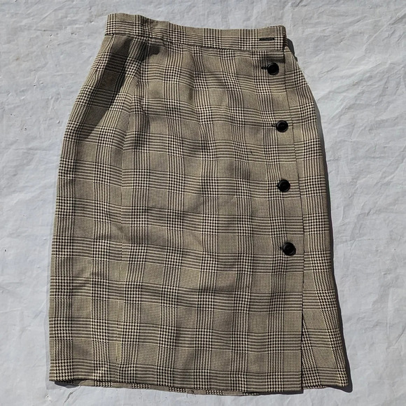 Vintage Button Front Plaid Houndstooth Tan & Black Skirt - Size 0  ? - Picture 1 of 6